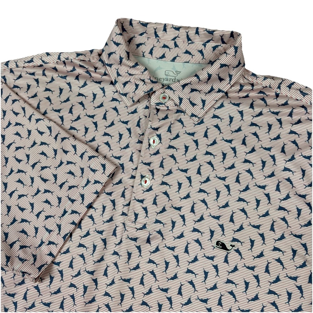 Vineyard Vines Polo Shirt Mens Medium Pink Red Stripe Fish Print Performance